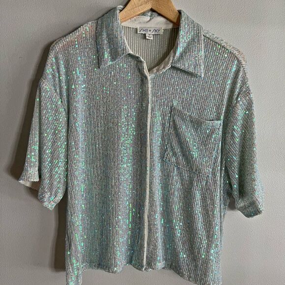 BOUTIQUE She + Sky oversized sequin sparkle glam coastal cowgirl boxy top - Picture 1 of 7